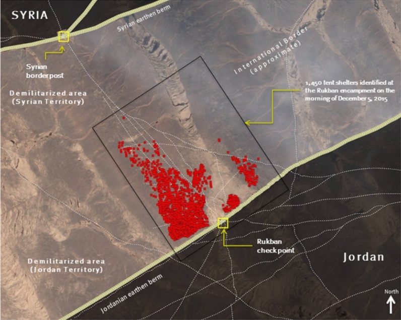 Jordan cracks (down) under refugee pressure Satellite image of Syrian asylum seeker encampment, Rukban, Jordan. Image taken on morning of December 5, 2015 and included in a Human Rights Watch report
Satellite Image: © CNES 2015 / Distribution Airbus DS