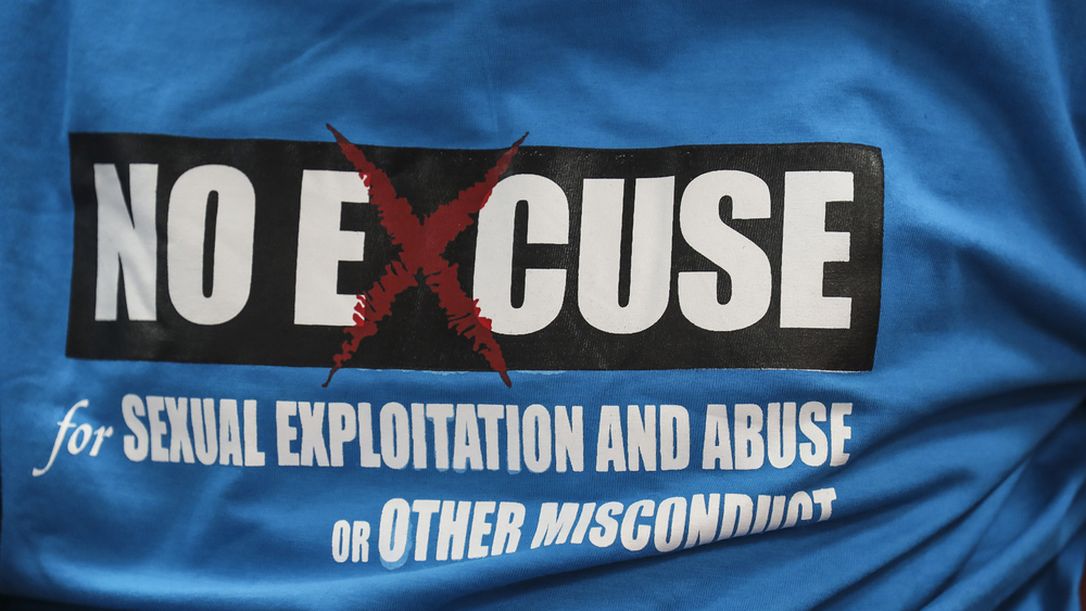 UN T-shirt with text: "No excuse for sexual exploitation and abuse or other misconduct"