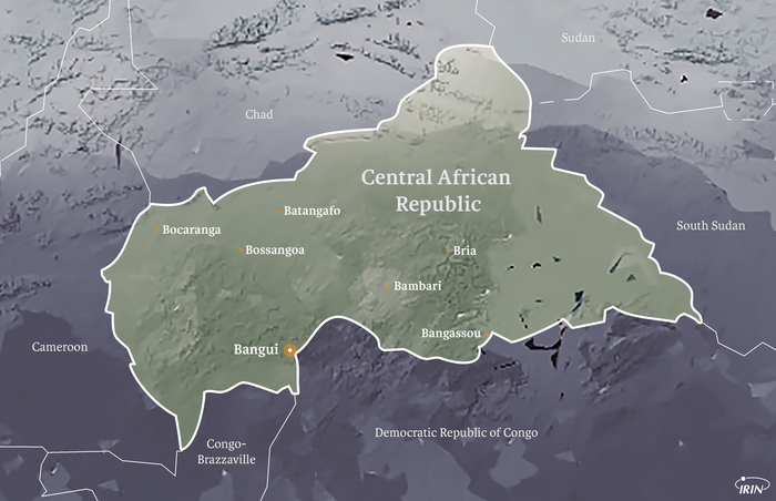 A map of Central African Republic featuring Bangui, Bangassou, Bria, Bambari, Bossangoa, Batangafo, and Bocaranga.