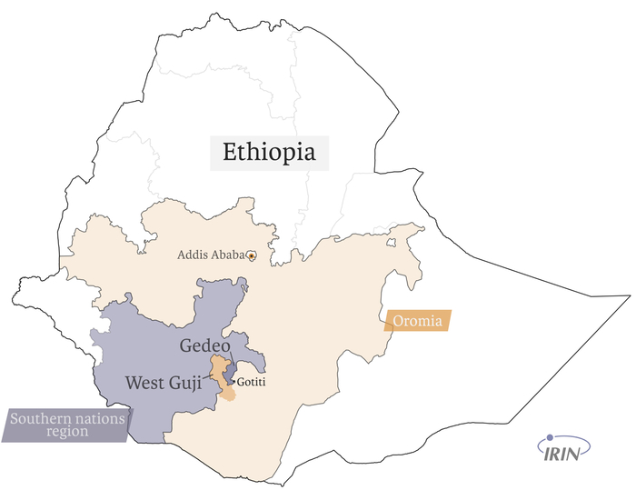 Map showing Ethiopia, Oromia, West Guji, Gedeo, Gotiti