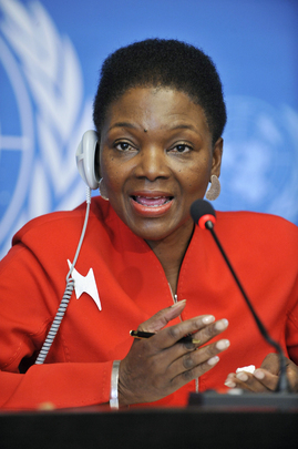 Valerie Amos, Under-Secretary-General for Humanitarian Affairs and Emergency Relief Coordinator, holds a press conference at the UN Office at Geneva, Switzerland