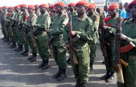 Former rebels and Mayi Mayi militiamen integrated in the national army of Democratic Republic of Congo on parade following an agreement signed in the eastern city of Goma by several armed groups to dissolve themselves on 18 April