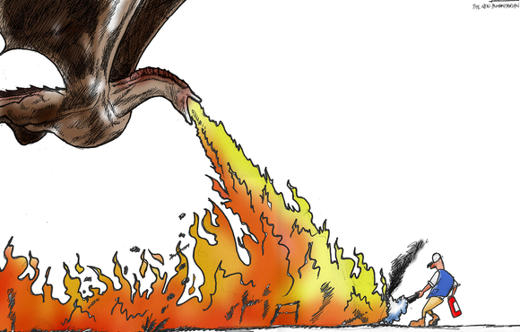 A cartoon of a dragon blowing fire at a man with an extinguisher. 