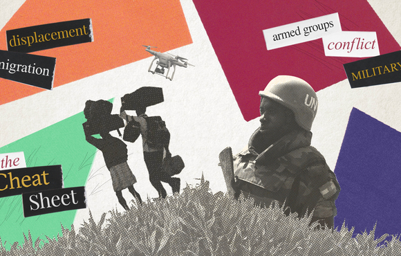 Scrapbook-like illustration showing different aid-related images and text