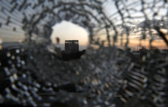 A bullet hole in a window of the Africa Hotel in the town of Shire in Ethiopia's northern Tigray region on 16 March, 2021.