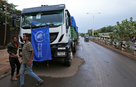 Aid trucks carrying food items for people in Tigray are seen parked after the checkpoints leading to the region were closed, in Mai Tsebri town, Ethiopia 26 June, 2021. 