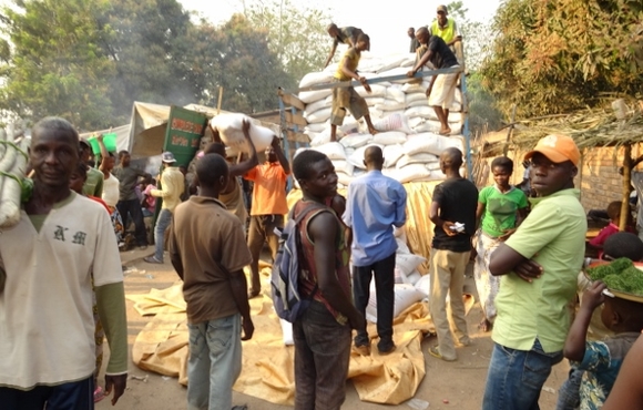 Food aid arriving at an IDP camp in Bangui
