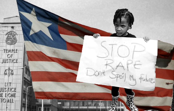 A graphic of a young girl at a protest in Liberia, holding a sign that reads 'stop rape, don't spoil my future!' 