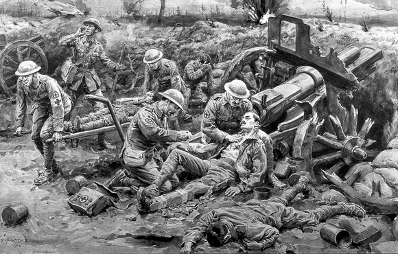 Red Cross personnel apply splints to the wounded during World War I