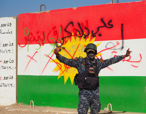 Some Kurdish flags were defaced by Iraqi forces advancing towards Kirkuk in October 2017.