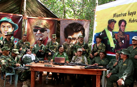 Former senior commanders of FARC, including Iván Márquez (centre), taken from video released 4 September 2019.