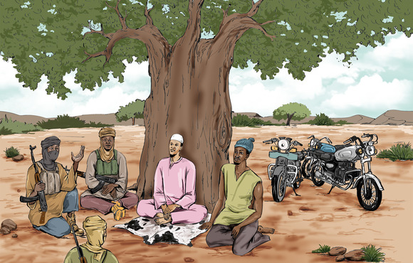 An illustration of a dialogue between jihadists and community leaders. 