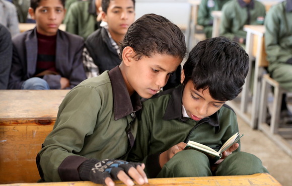 Children at a school in Yemen's capital city of Sana'a, 18 October 2020.